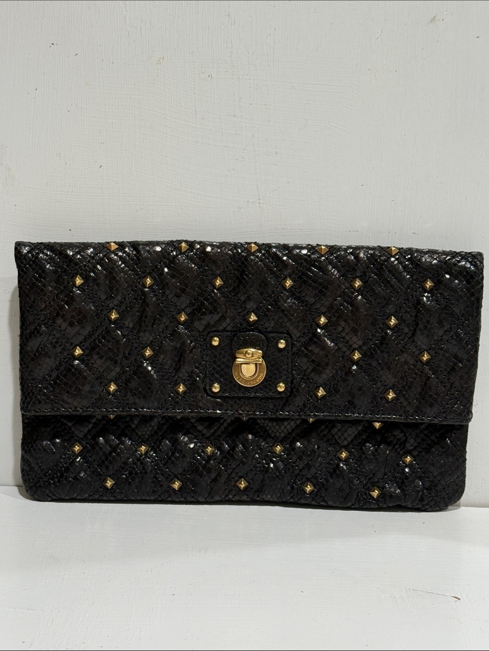 Marc Jacobs Black Stardust Eugenie Quilted Studded Python Clutch Bag Italy made
